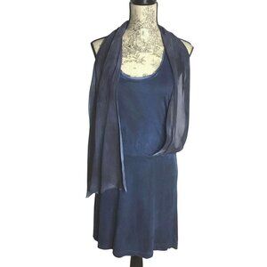NY + DOT Silk Cotton Halter Dress Royal Blue Raw Silk Edge Scarf Detail Belt S